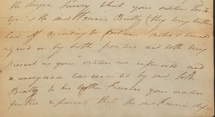Image from Bill of Complaint in case of John Beattie's executors vs Edward Crawford
Augusta Co., VA Ended Chancery Causes 1805-129, Library of Virginia